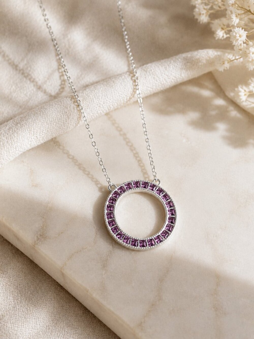 Sterling Silver Pink Purple Cubic Zirconia Open Circle Pendant Necklace 925